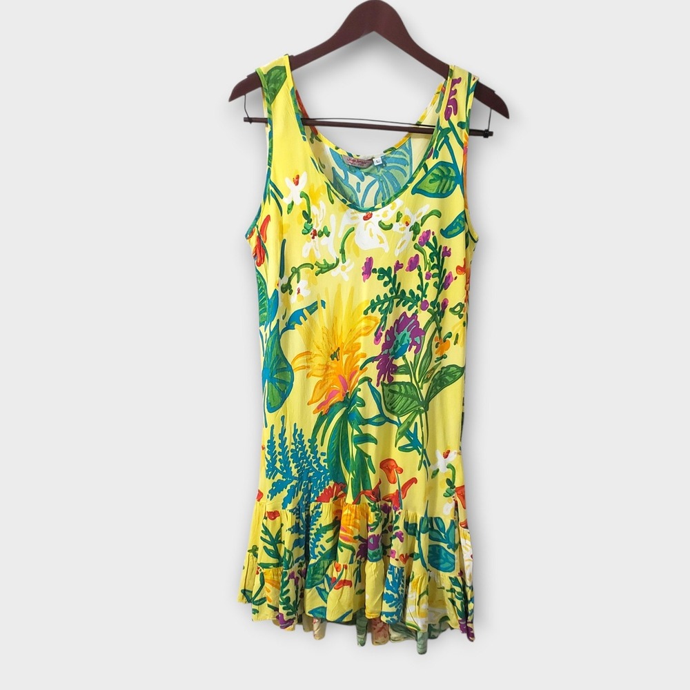 VTG Jams World Sleeveless Peplum Hem Mini Dress Large Yellow Floral Hawaii
